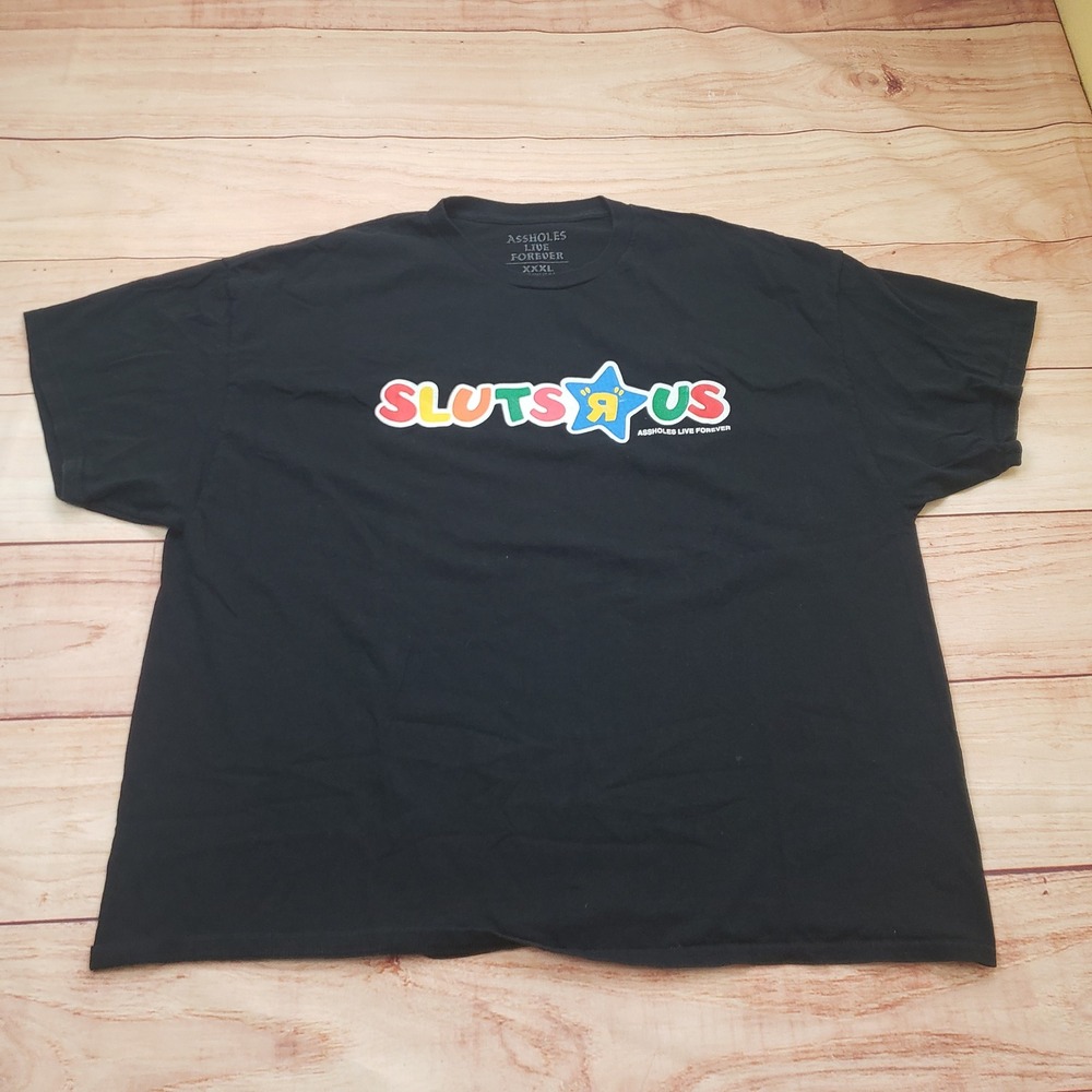 Assholes‎ Live Forever Sluts R Us Parody Graphic T-Shirt Mens XXXL Black Cotton